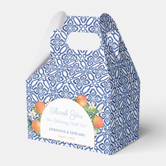 Arch Blue Tiles Orange Mediterranean Wedding Geschenkschachtel (Vorderseite)