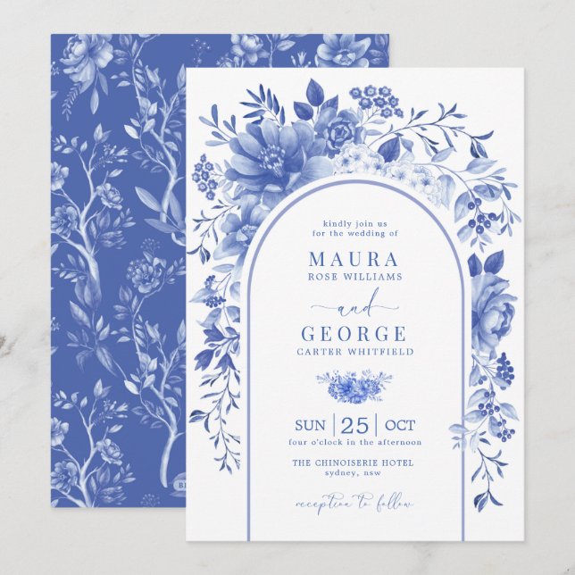 Arch Blue White Chinoiserie Blume Hochzeit Einladung (Vorne/Hinten)