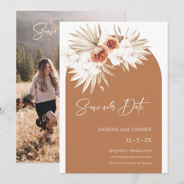 Arch Burnt Orange Floral Save the Date Card Einladung (Vorne/Hinten)