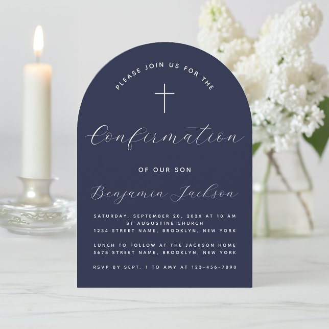 Arch Confirmation Navy Blue Religious Boy Script Einladung (Von Creator hochgeladen)