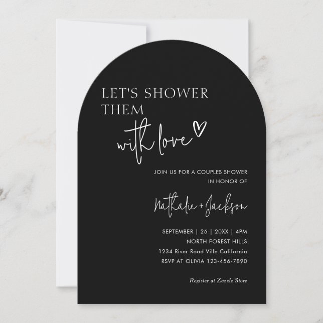 Arch Couple Lass sie duschen Black Bridal Einladung (Vorderseite)