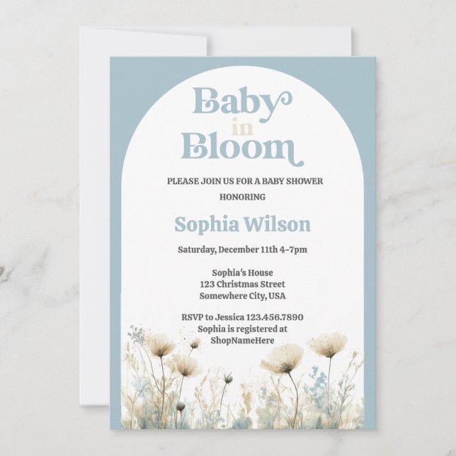 Arch Dusty Blue Baby in Bloom Baby Dusche Einladung (Vorderseite)