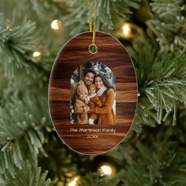 Arch Family Foto Personalisiert Woodgrain Weihnach Keramik Ornament (Baum)