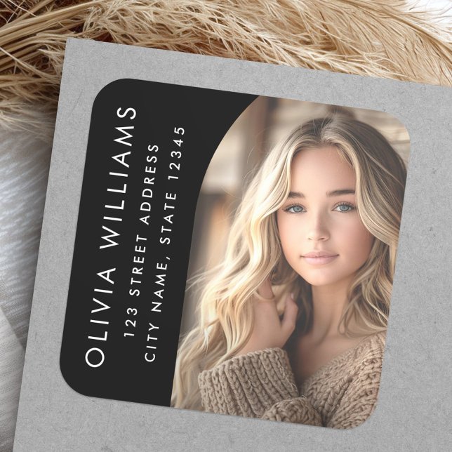 Arch Foto Black grad Abschluss Rücksendeadresse Quadratischer Aufkleber (Arch photo black grad graduation return address square sticker)