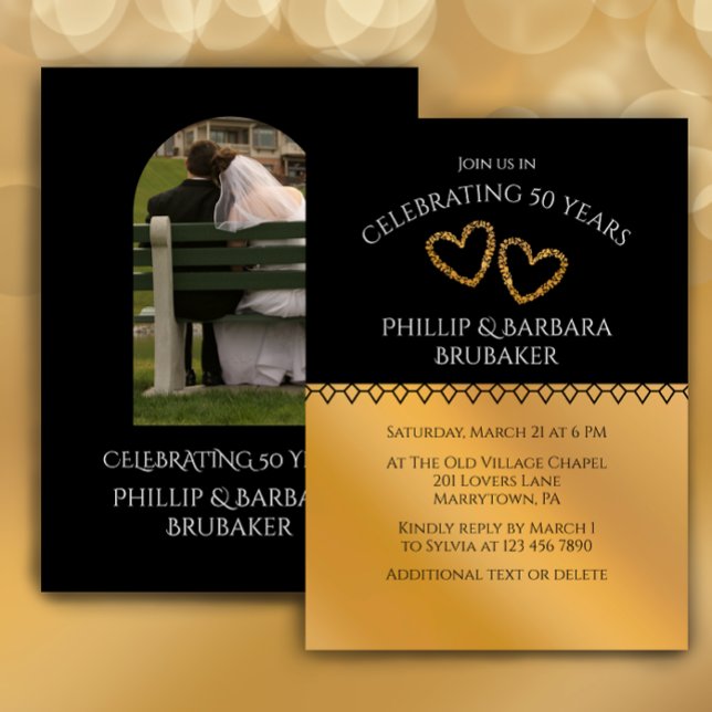Arch Foto Golden 50th Wedding Anniversary Party Einladung (Add your photo and names for an elegant black and faux gold 50 wedding anniversary party invitation
)