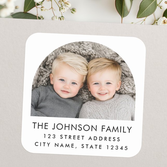Arch Foto Moderne, trendige weiße Rücksendeadresse Quadratischer Aufkleber (Arch photo modern trendy white return address square sticker)