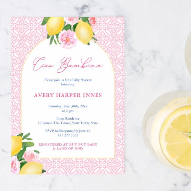 Arch Frame Ciao Bambina Lemons Baby Girl Dusche Einladung (Ciao Bambina Italian inspired summer baby shower for girl invitation)