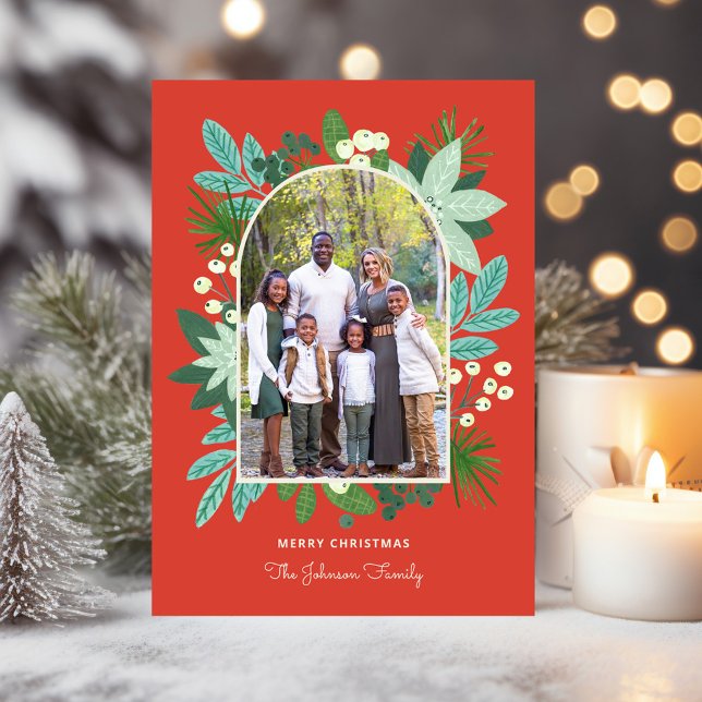Arch Frame Floral Merry Christmas Photo Feiertagskarte (Arch Frame Floral Merry Christmas Photo Holiday Card)