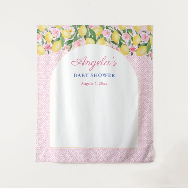 Arch Girly Pink Lemons Kinderdusche Foto Hintergru Wandteppich (Vorderseite)