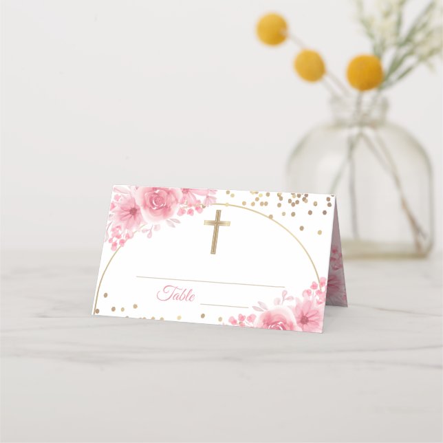 Arch Gold Glitzer Rosa Blumenstrauß Erstkommunion Platzkarte (Vorderseite)