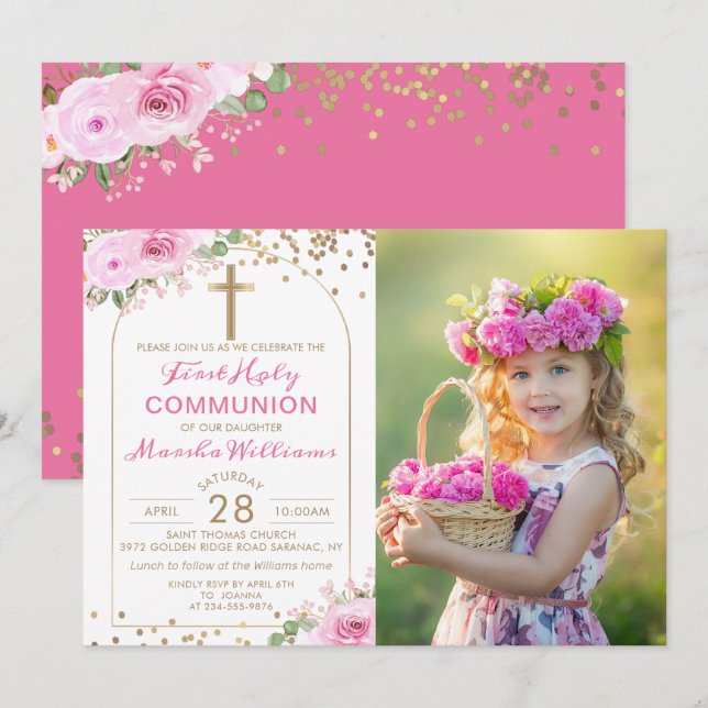 Arch Gold Pink Floral First Heilige Kommune Foto Einladung (Vorne/Hinten)
