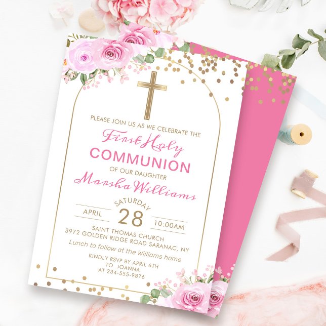 Arch Gold Pink Floral Girl Erste Heilige Kommune Einladung (Von Creator hochgeladen)