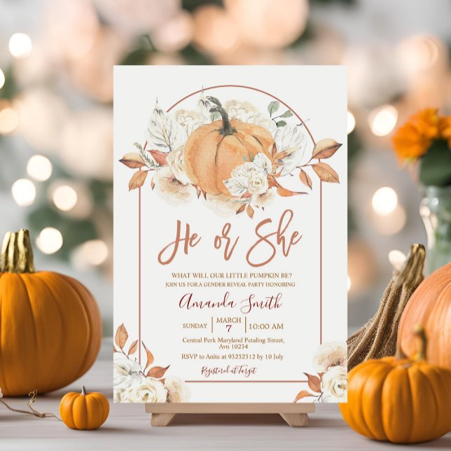Arch He or She Boho Rustic Pumpkin Gender Reveal Einladung (Von Creator hochgeladen)