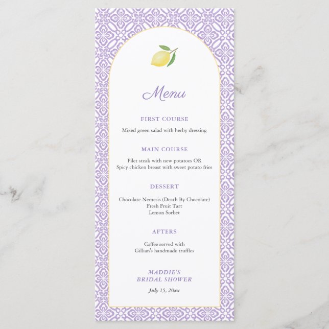 Arch Lemons Lavender Bridal Shower Party Menükarte (Vorderseite)