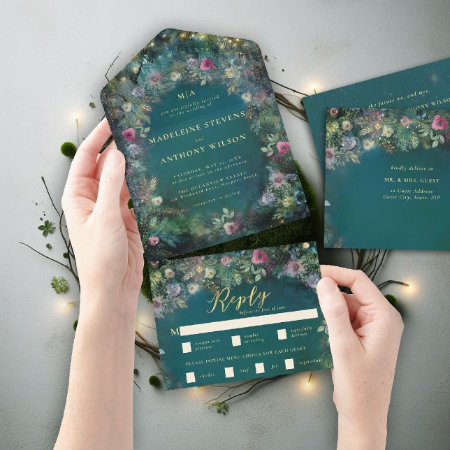 Arch-Märchenhochzeit der verzauberten Rose des Wal All In One Einladung (enchanted forest all in one wedding invitation magical fairy tale woodland roses gold emerald green)