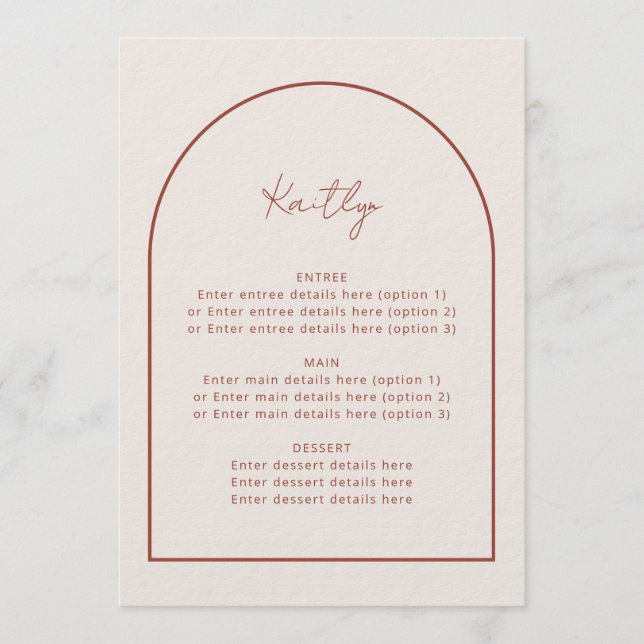 Arch Minimalistisch Terracotta Guest Name Wedding  Menükarte (Vorderseite)
