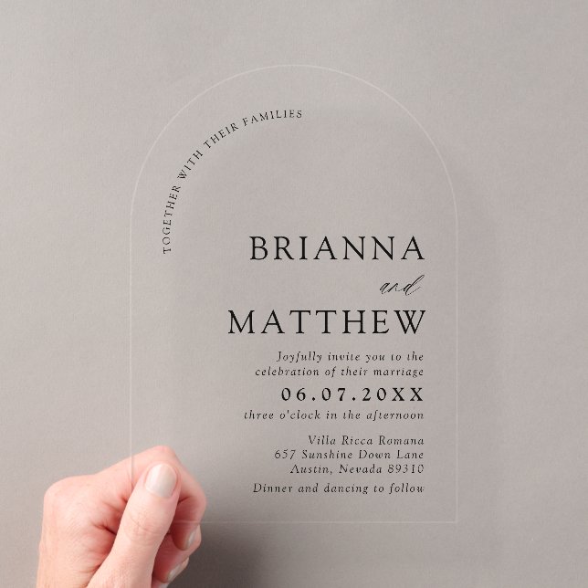 Arch Modern Black & White Minimalistisch Wedding Acryleinladungen (Insitu (Handheld))