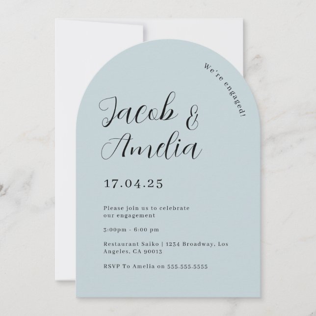Arch Modern Dusty Blue Engagement Party Einladung (Vorderseite)