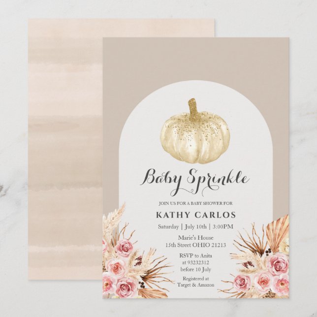 Arch Pampas Grass White Pumpkin Baby Sprinkle  Einladung (Vorne/Hinten)