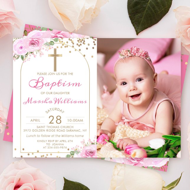 Arch Pink Floral Gold Glitzer Girl Taufe Foto Einladung (Von Creator hochgeladen)