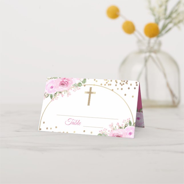 Arch Pink Floral Gold Glitzer Taufe Platzkarte (Vorderseite)