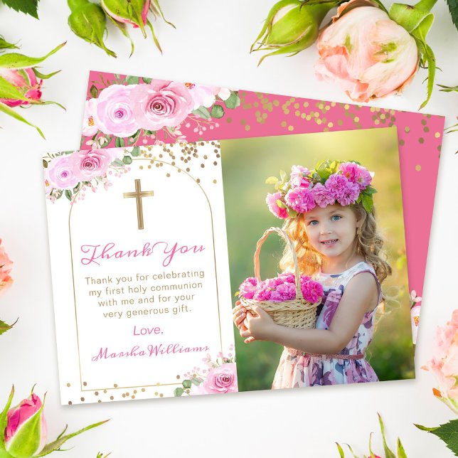 Arch Pink Gold Floral First Holy Communy Foto Dankeskarte (Von Creator hochgeladen)
