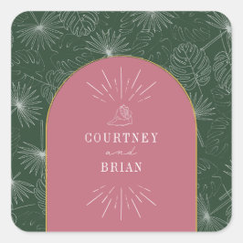 Arch Pink & Green Palm Tropical Beach Hochzeit Quadratischer Aufkleber