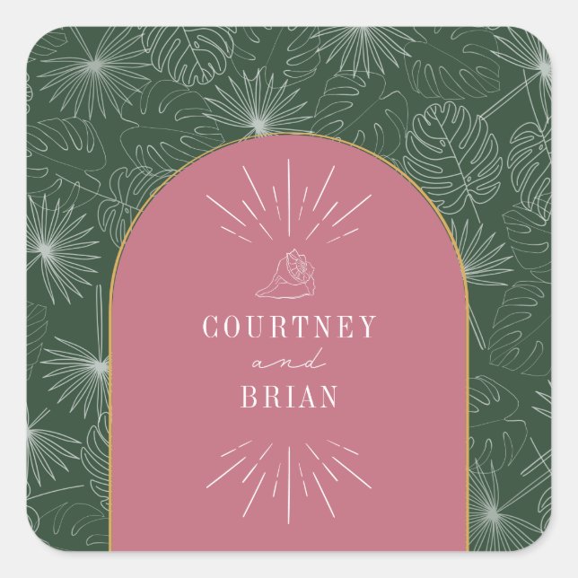 Arch Pink & Green Palm Tropical Beach Hochzeit Quadratischer Aufkleber (Vorderseite)
