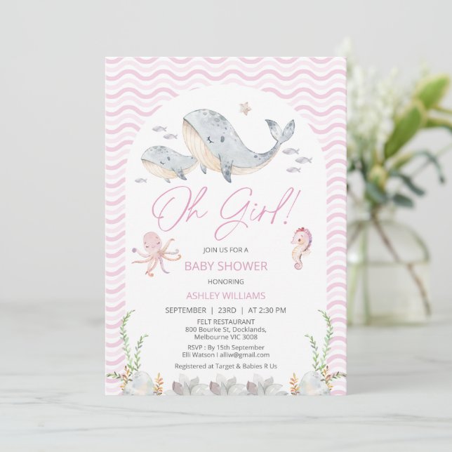Arch Pink Oh Mädchen unter Sea Baby Dusche Einladung (Stehend Vorderseite)