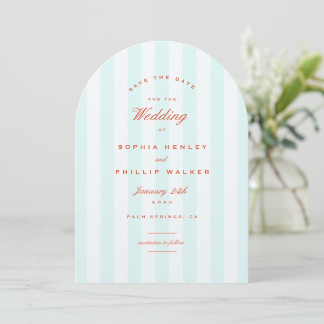 Arch Preppy Strip Aquamarin Orange Save the Date Einladung (Stehend Vorderseite)