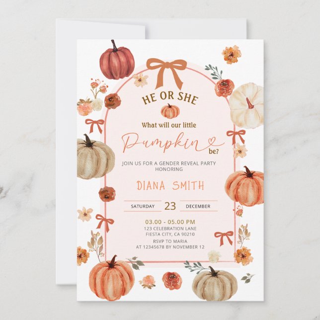 Arch Ribbon Bow Little Pumpkin Gender Reveal Einladung (Vorderseite)