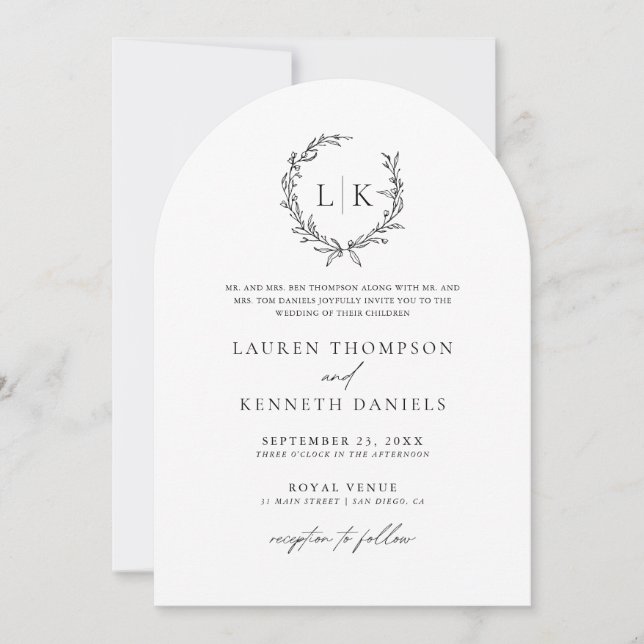Arch Schwarz-weiß Monogram QR Code Classic Wedding Einladung (Vorderseite)