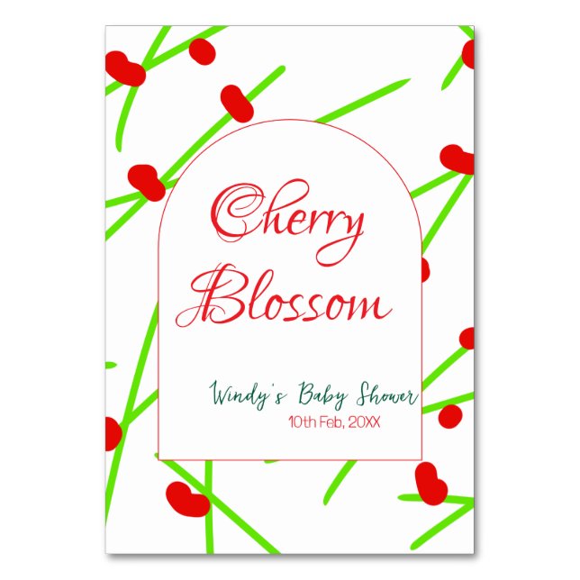 Arch shape cherry blossom red green baby shower na tischnummer (Vorderseite)