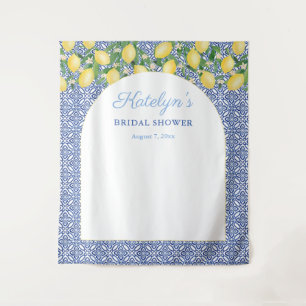 Arch Shape Lemons Blue Tiles Brautparty Willkommen Wandteppich