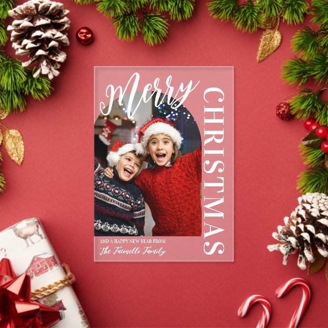 Arch Shaped Foto White Script Frohe Weihnachten Acryleinladungen (Insitu (Feiertag))