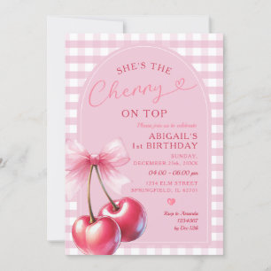 Arch She's Cherry on Top Gingham Pink Birthday Bow Einladung