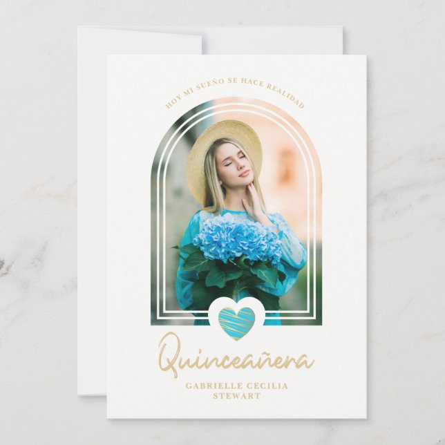 Arch Spanish Modern Blue Heart Photo Quinceañera (Vorderseite)
