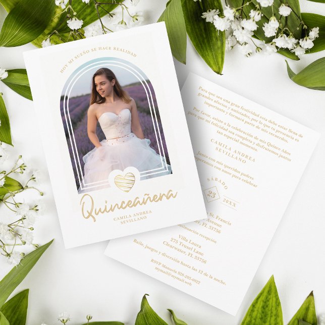 Arch Spanish Modern White Heart Foto Quinceañera Einladung (Von Creator hochgeladen)