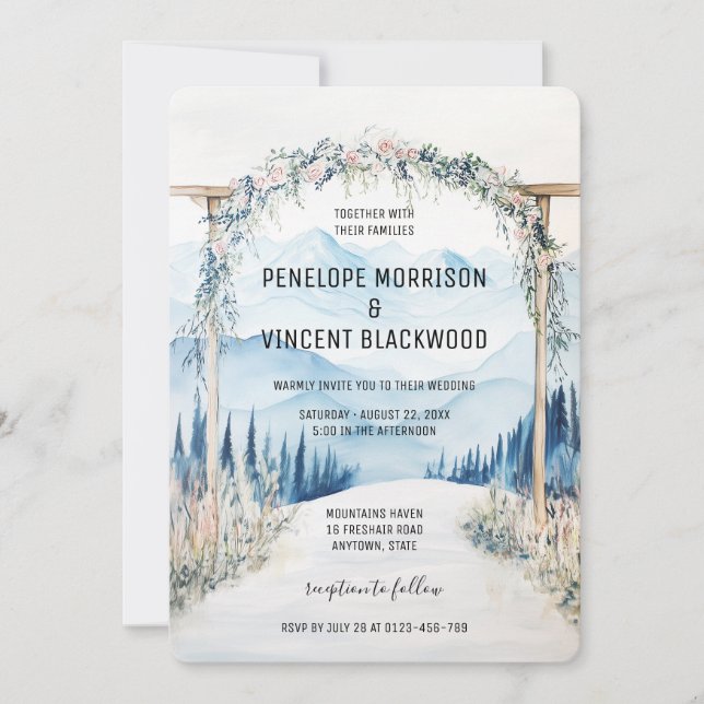 Arch Wedding in den Bergen 2 Aquarellen Einladung (Vorderseite)