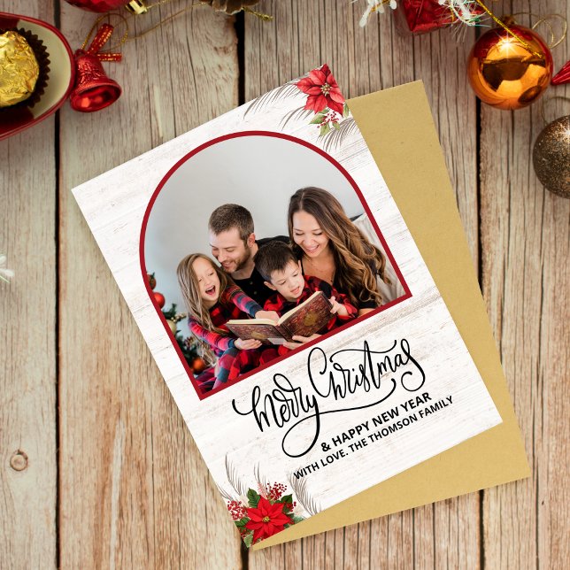 Arch What a Year in Review Fotos Frohe Weihnachten Karte (rustic christmas cards family photo botanical holly country wood farmhouse)
