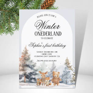 Arch Winter Onederland Birthday Pine Woodland Einladung