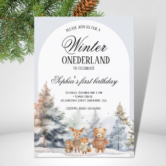 Arch Winter Onederland Birthday Pine Woodland Einladung
