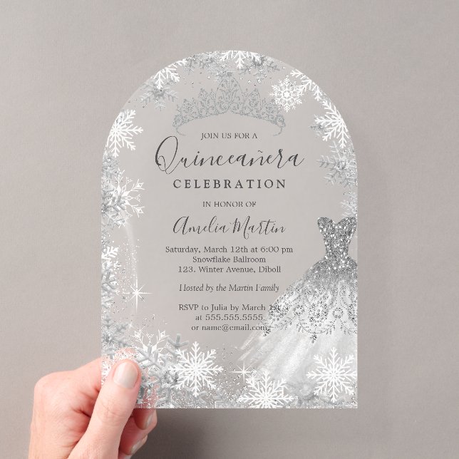 Arch Winter Snowflake Klare Fosted Quinceanera Acryleinladungen (Insitu (Handheld))