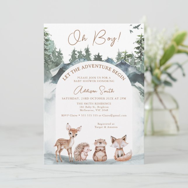 Arch Woodland Ließ die Adventure Begin Baby Dusche Einladung (Stehend Vorderseite)