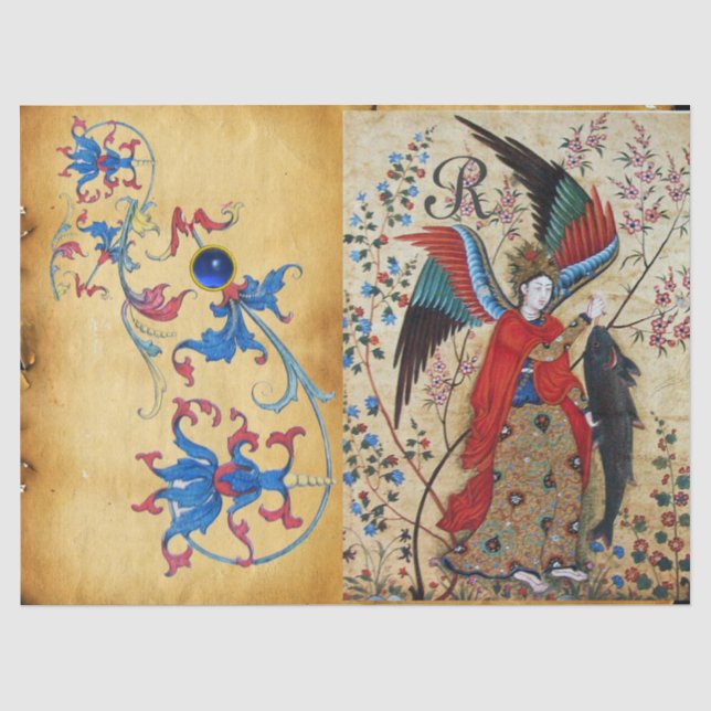 ARCHANGEL RAPHAEL UND FISCH BLAUER FLORAL PARCHIER SEIDENPAPIER (Vorderseite)