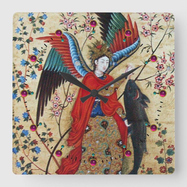 ARCHANGEL RAPHAEL- UND FISCHPARKMENT QUADRATISCHE WANDUHR (Vorderseite)