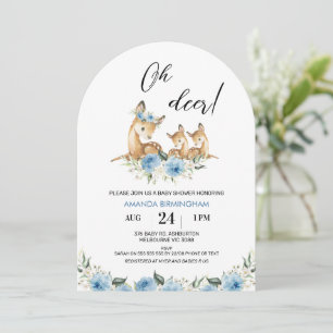 Arched Blue Floral Oh Deer Twins Baby Dusche Einladung