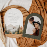 Arched Boho Watercolor Mountain Wedding Einladung<br><div class="desc">Das ist eine Hochzeitseinladung mit einer wunderschönen Wasserfarbenfall-Bergszene und einer eleganten Schriftart-Paarung. Bearbeiten Sie alle Texte und alle Farben außer der Farbe der Aquarelllandschaft. Die Farbe des immergrünen Tropfens kann nicht bearbeitet werden. // Für passende Artikel besuchen Sie bitte die "SAWYER" Kollektion im Sincerely By Nicole Zazzle Store. * Wenn...</div>