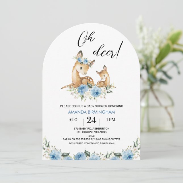 Arched Boys Blue Floral Oh Deer Baby Dusche Einladung (Stehend Vorderseite)