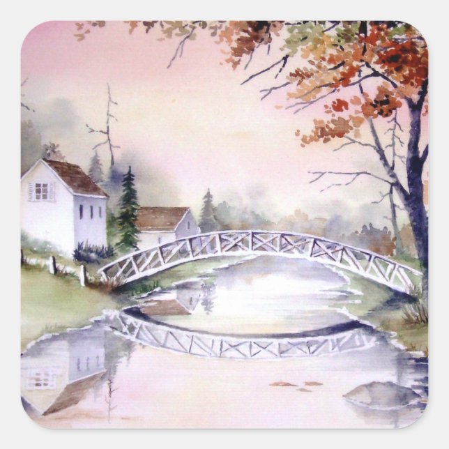 Arched Bridge Watercolor Painting Quadratischer Aufkleber (Vorderseite)